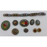 Micro-mosaic brooches, earrings and bracelet, bracelet a/f