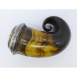 A c.1900 horn snuff mull, the top set with agate and decorated with a thistle