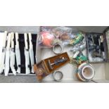 A box of assorted items including Trolls, a razor, christening set, knives, oriental figures, a/f,