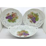 Three Dresden china bowls, oval bowl a/f