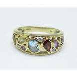 A 9ct gold, multi-gem set ring also with diamond accents, 3.7g, O