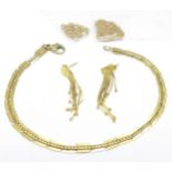 A pair of 9ct gold earrings, a 9ct gold bracelet, a fine 9ct gold bracelet and a neck chain, 6.9g