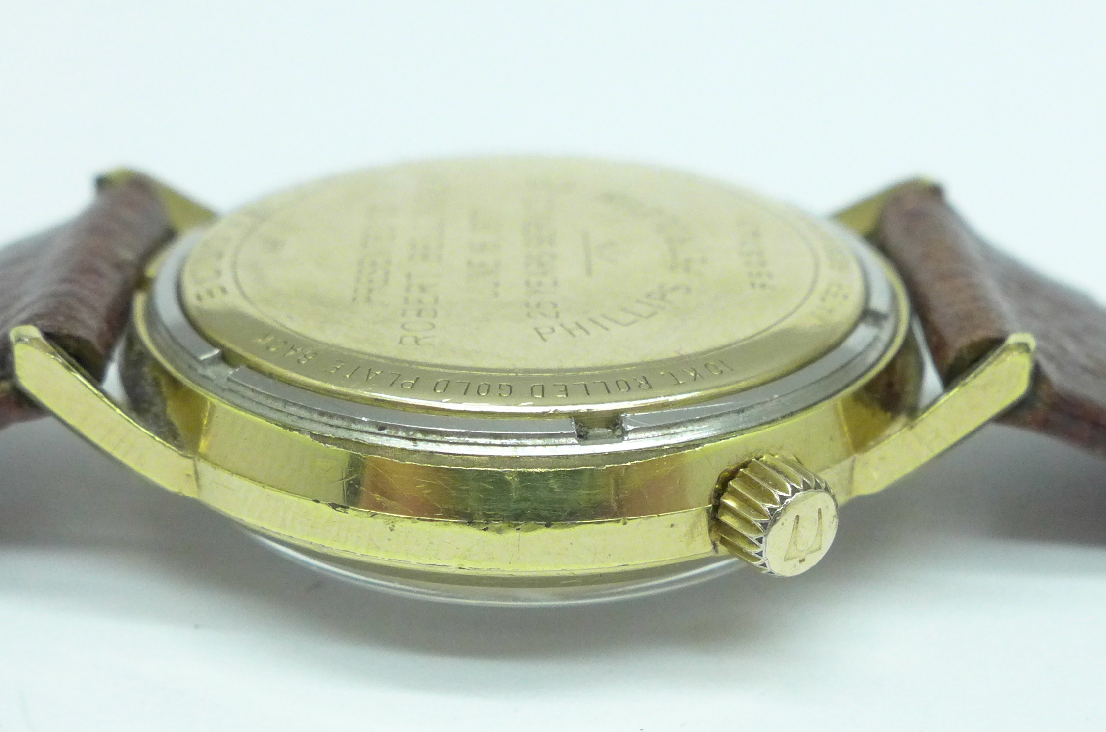 A gentleman's Bulova Accutron gold plated wristwatch with inscription dated 1977, 'Phillips - Image 3 of 5