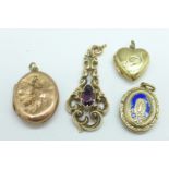 Three lockets and a pendant, a/f