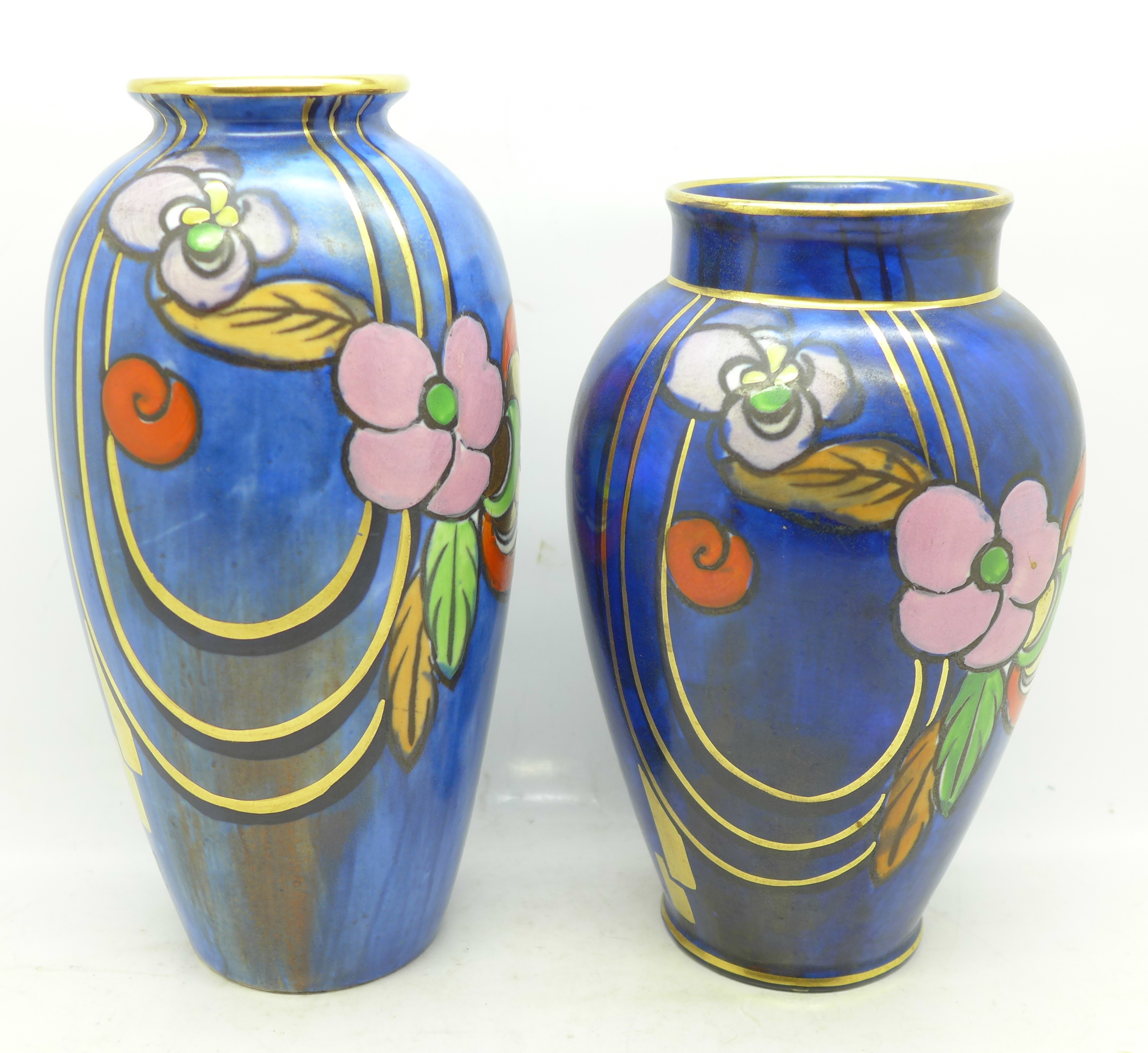 Two Charlotte Rhead Bursley Ware vases, 1543 painted marks, 18cm and 16cm