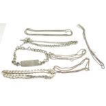 Four silver neck chains, two silver bracelets and a silver Albert chain lacking clip, 96g