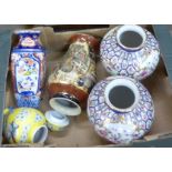 A pair of oriental style vases and three other oriental vases **PLEASE NOTE THIS LOT IS NOT ELIGIBLE