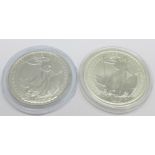 Two 1oz. fine silver coins, 2002 and 2012 Britannia £2