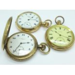 Three gold plated pocket watches; Thomas Russell, hinge a/f, Waltham and Elgin
