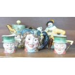 A Beswick and a Royal Doulton character teapot and three Beswick character mugs