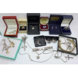 A collection of silver jewellery, earrings, pendants, rings, etc.