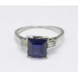 A white metal, sapphire and diamond ring, 2.4g, K, mark worn