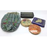 A beaded purse, a cigarette case with German British zone map, two compacts and coin purse
