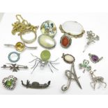 A collection of thirteen brooches, including silver, two pendants, etc.