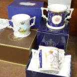 Seven Royal Crown Derby commemorative loving cups, boxed