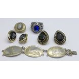 A part bracelet, hallmarked silver, 19g, two pairs of earrings, a pendant and a ring, P