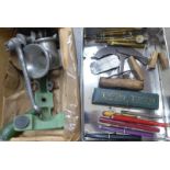 Two brass glass cutters, hair trimmer, pens, pencils, mincer, etc.