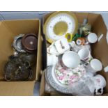 A box of mixed china and a box of metalwares and an Art Deco plated teapot **PLEASE NOTE THIS LOT IS