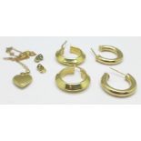 A pair of 18ct gold earrings, marked 750, 4.5g, a pair of yellow metal earrings, 1.3g, and a 9ct