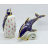 Two Royal Crown Derby paperweights, Dolphin and Penguin, Penguin with gold stopper