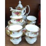 A Royal Albert Old Country Roses coffee set with six cups and saucers, cream, sugar, side plates and