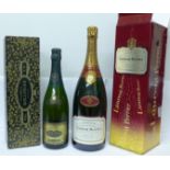 A bottle of Bollinger champagne and a bottle of Laurent-Perrier champagne, both boxed