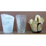 Three glass vases, clear glass vase marked France