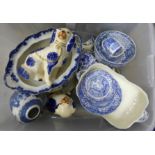 A box of blue and white china including Spode, a pair of Staffordshire spaniels, etc. **PLEASE