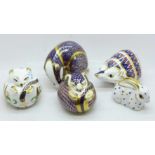 Five Royal Crown Derby paperweights, including Badger and Hedgehog, Badger with gold stopper