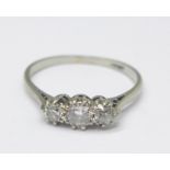 A platinum and three stone diamond ring, 3g, P