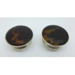 Two silver and tortoiseshell pill boxes