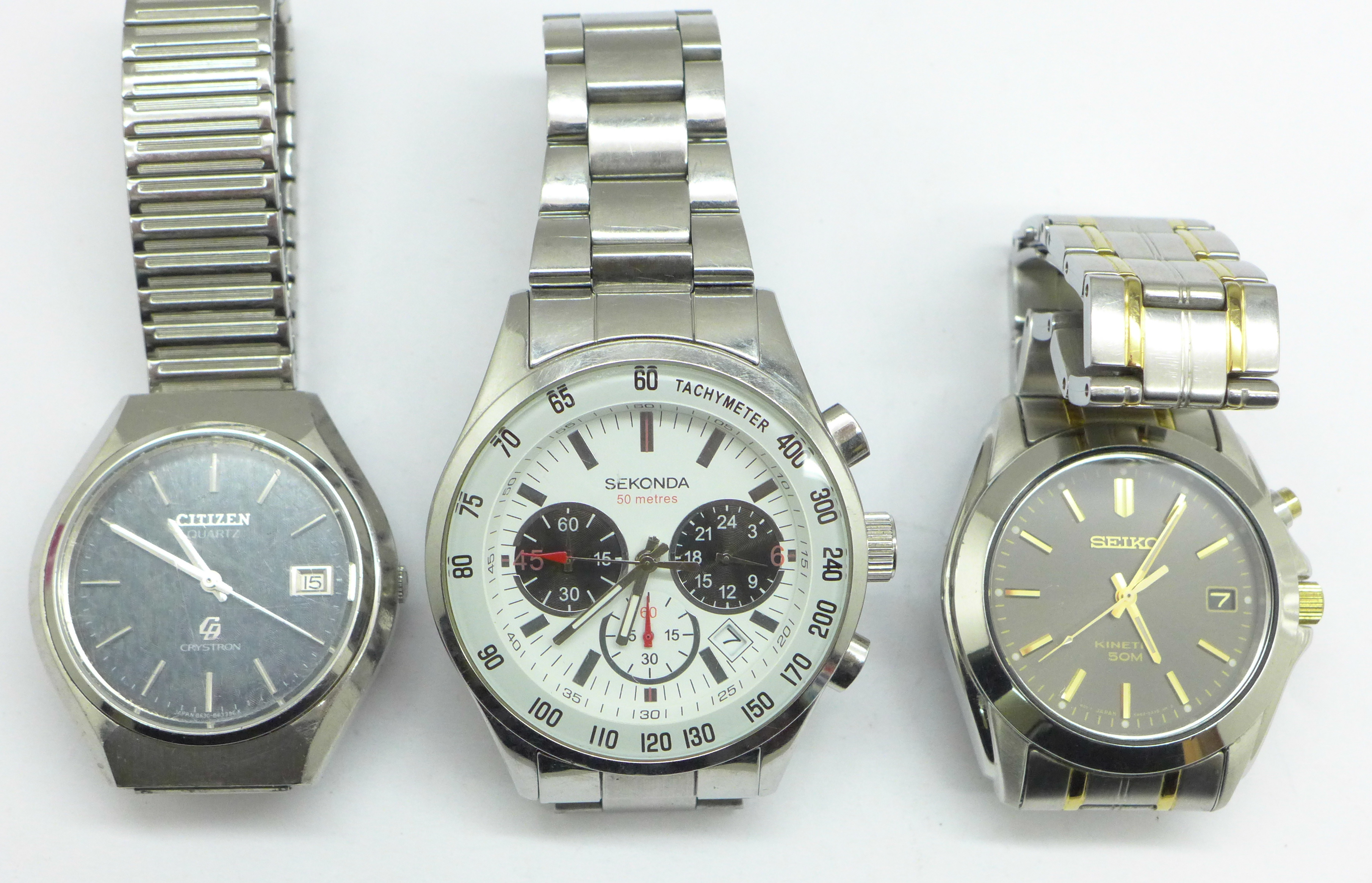 Three gentleman's wristwatches; Seiko Kinetic, Sekonda and Citizen