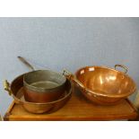 Two solid copper two handled pans and a sauce pan