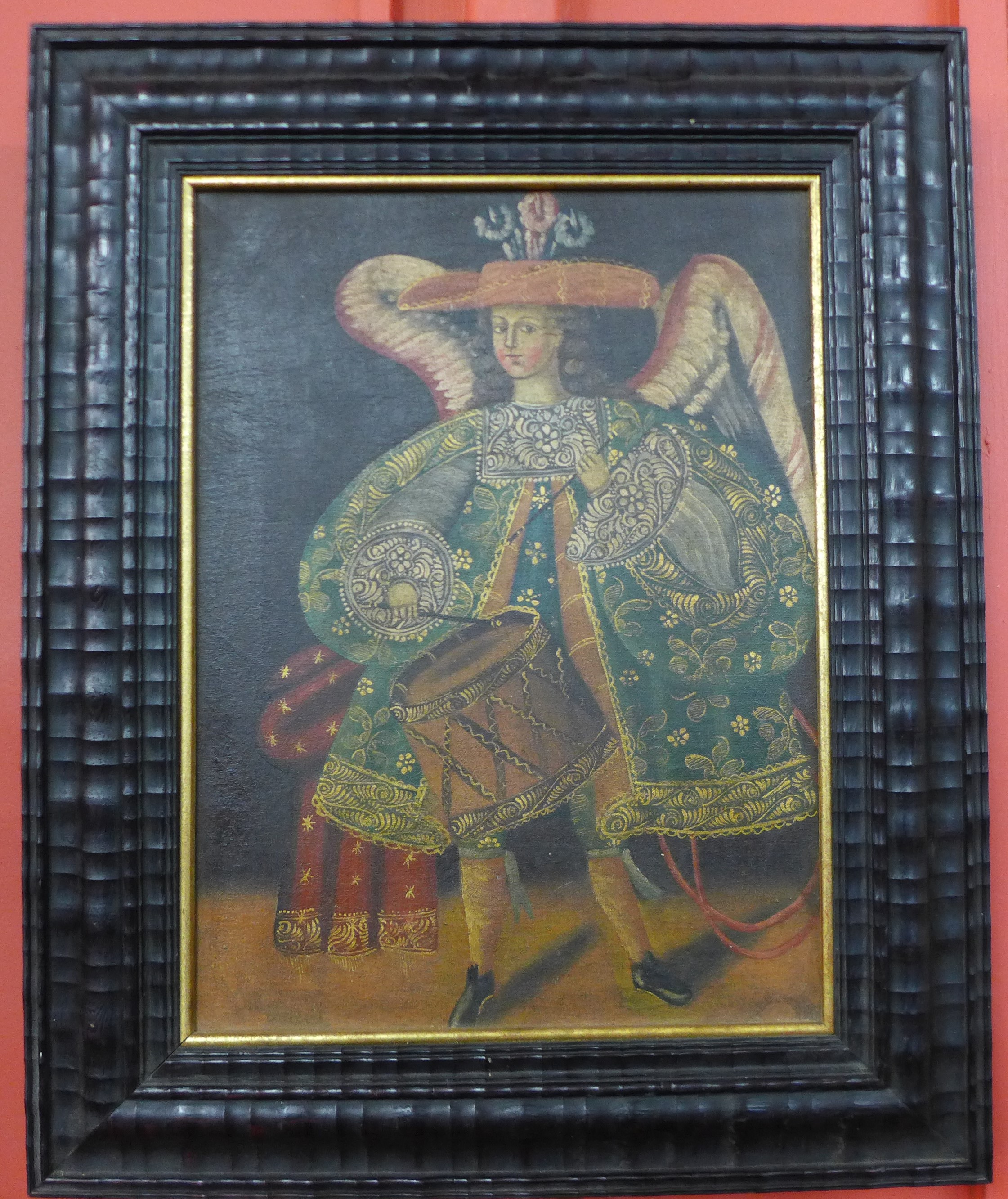 A 16th Century style portrait of a boy with drum, oil on canvas, 38 x 28cms, framed