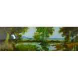 M.J. Noonan, river landscape, oil on panel, 9 x 29cms, framed