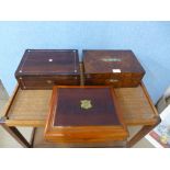 A Victorian rosewood and mother of pearl travel writing slope, a burr walnut box and a mahogany case