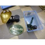 A set of Salter kitchen scales and weights, a Ruddles metal plaque and a doorstop