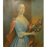 A portrait of an 18th-century lady holding flowers, oil on canvas, unsigned