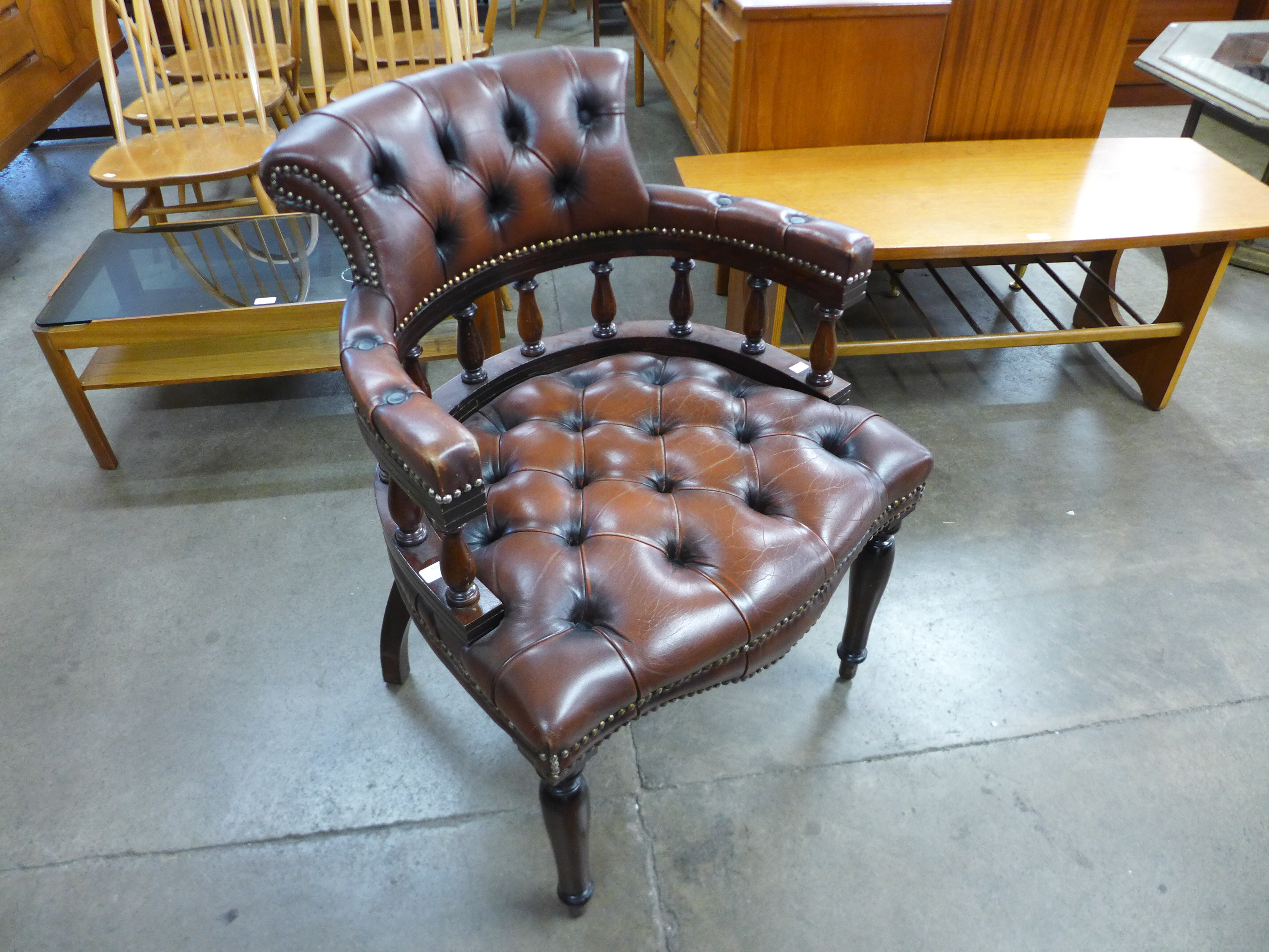 A brown leather office chair