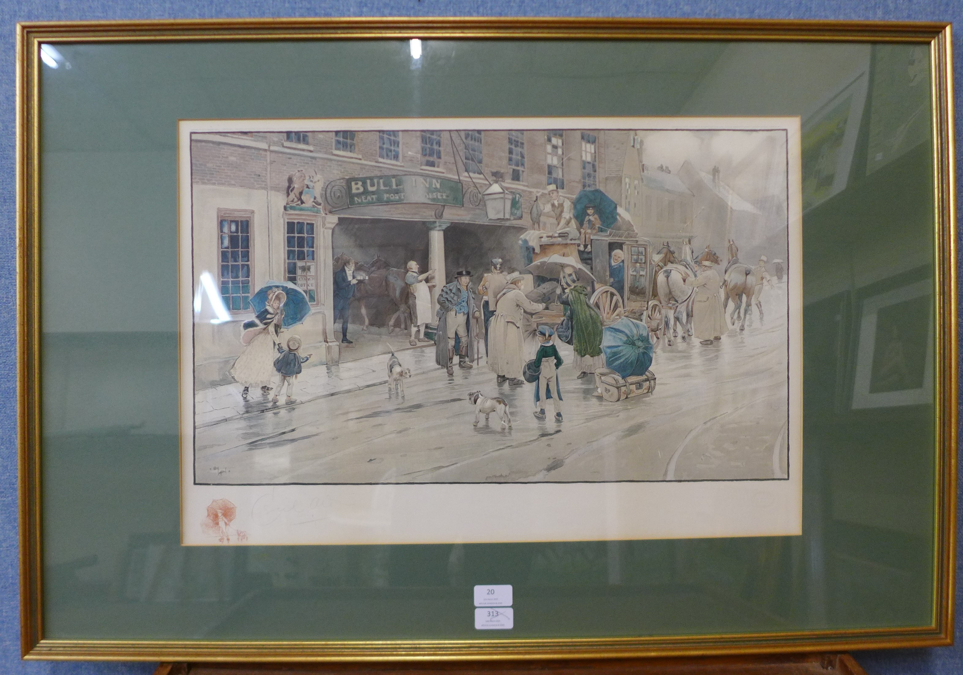 A signed Cecil Charles Windsor Aldin print, The Dover Road, The Bull At Dartford, with Lawrence &