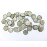 Approximately sixty Pre 1947 silver 3d coins, 84g