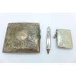 A silver cigarette case, vesta case and pencil holder, 101g, 28g and 3.5g