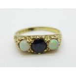 A 9ct gold, opal and sapphire ring, 1.8g, J