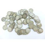 Approximately ninety three Pre 1920 silver 3d coins including Victorian, 127g