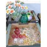 Two boxes of mixed glass, six Babycham glasses, Art Deco drinking glasses, a pair of glass vases ,