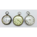 Three silver fob watches