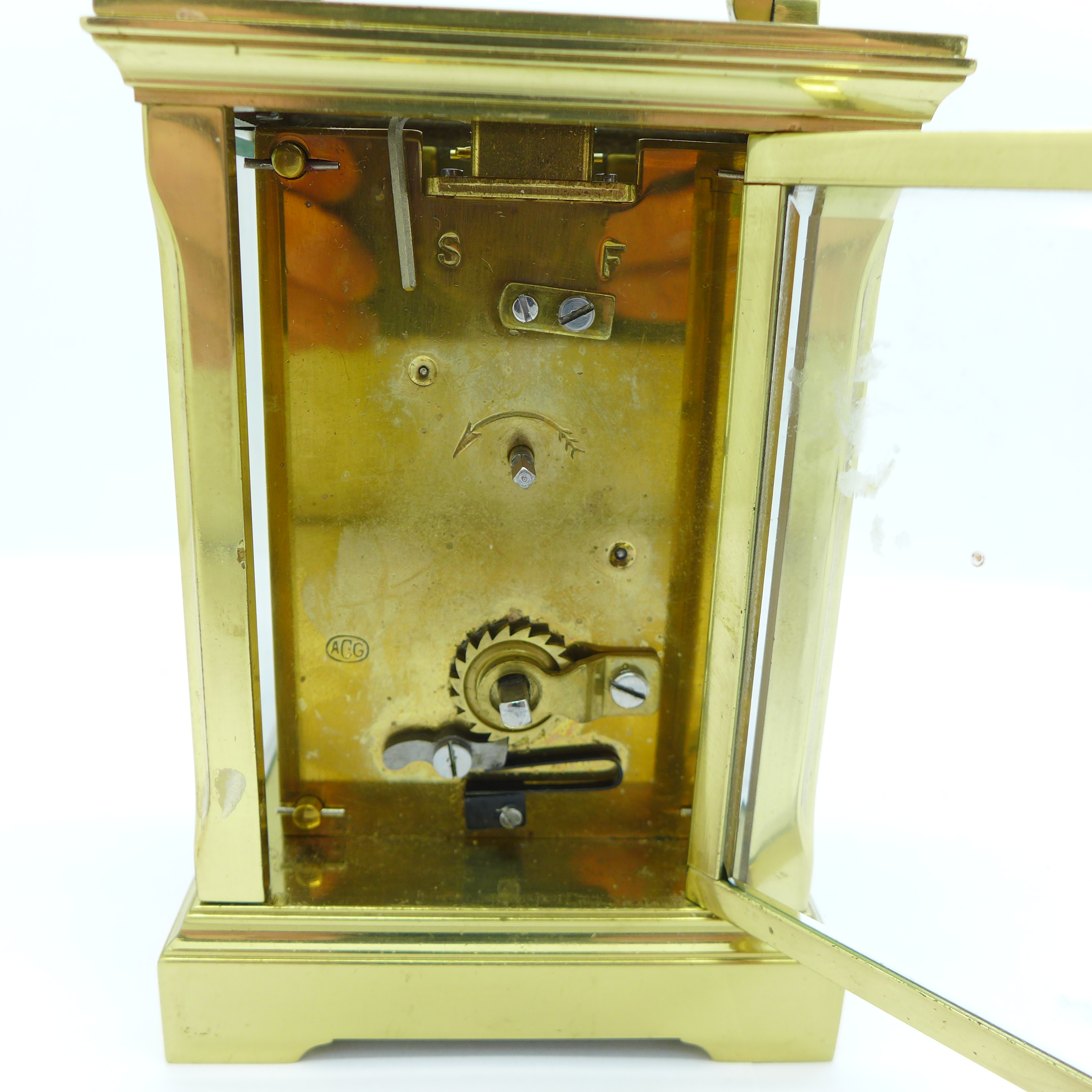 A brass and four glass sided carriage clock, stamped ACC, no key - Image 6 of 6