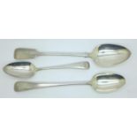 Three silver spoons; two George III, 1794 and 1801, and one Victorian, 1840, 273g