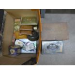 A box of vintage and other tins, a cash tin, wooden boxes, etc.