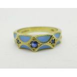 A 9ct gold and sapphire enamelled half eternity ring, 4.6g, P